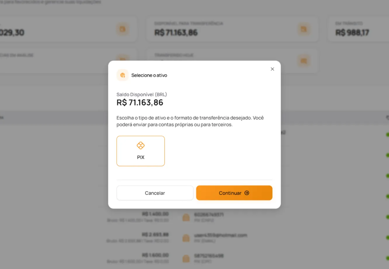 Modal de seleção de ativo para transferência via Pix no painel da SoarLabz