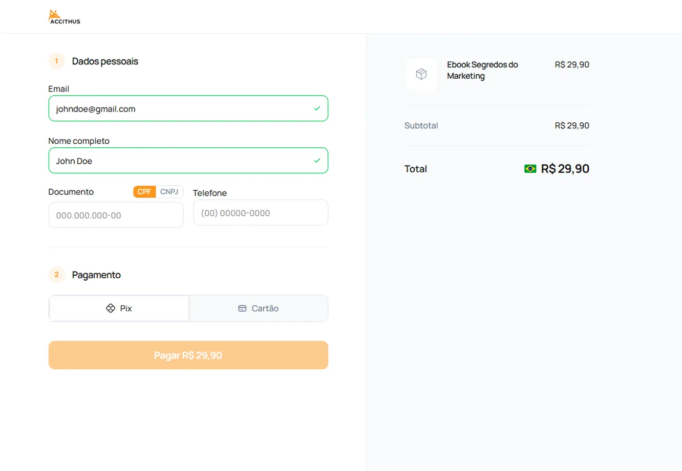 Tela de checkout com dados pessoais, forma de pagamento e resumo do pedido