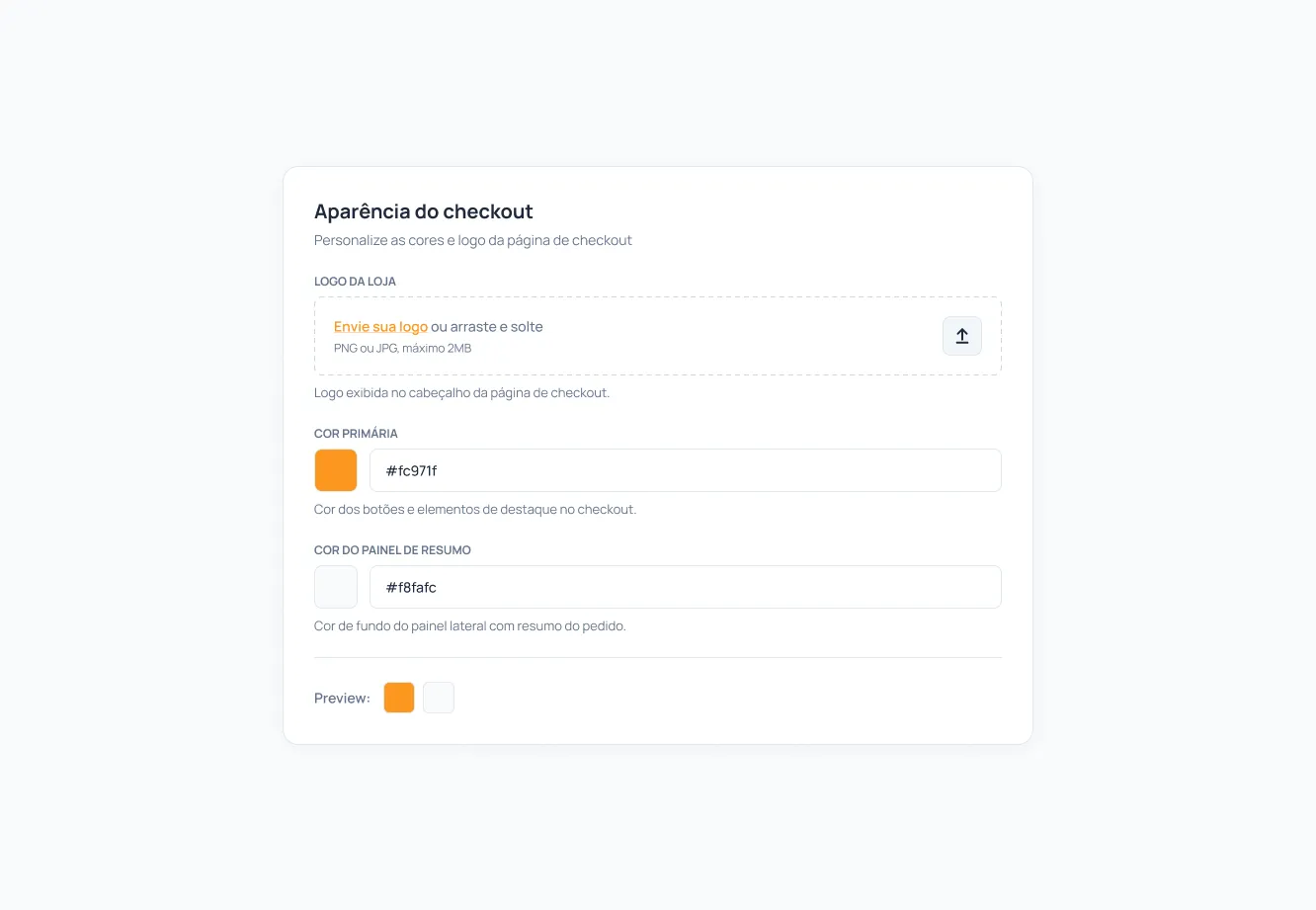 Painel de personalização da aparência do checkout, com upload de logo e cores customizáveis