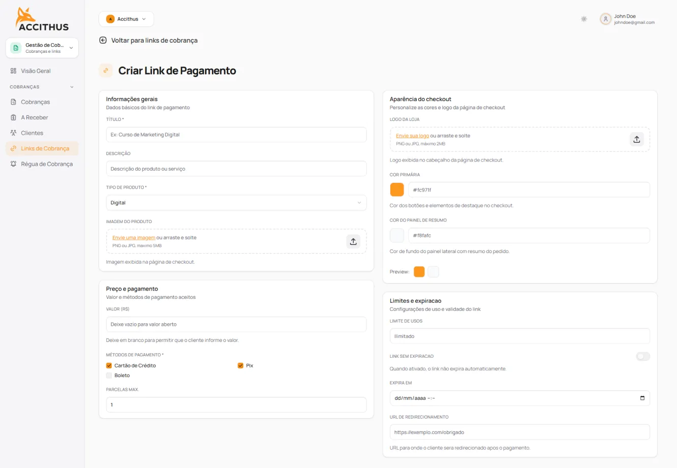 Tela de criação de link de pagamento no painel da SoarLabz, com campos de informações gerais, aparência do checkout e limites de uso