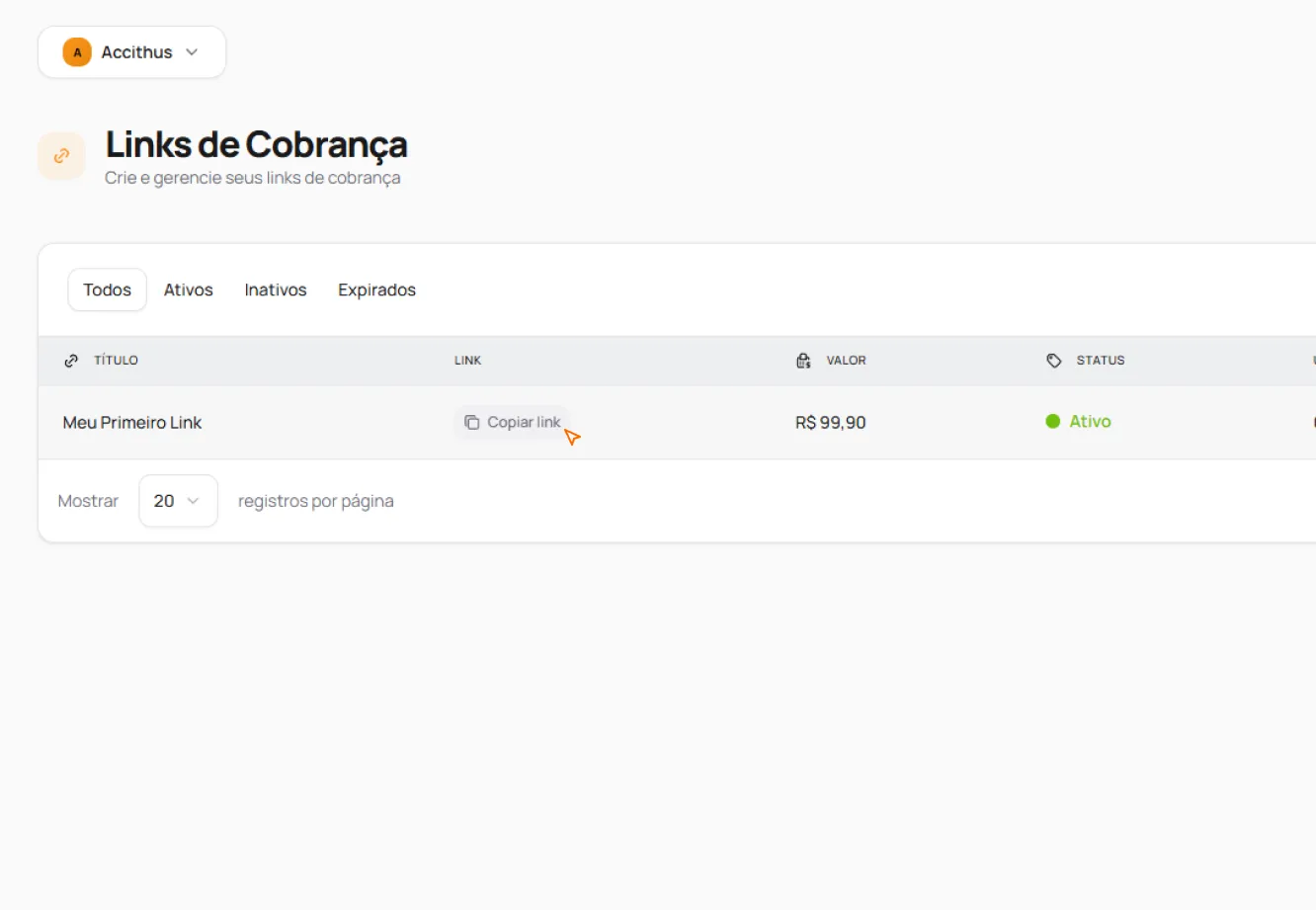 Tela de listagem de links de cobrança no painel da SoarLabz, com opção de copiar o link gerado
