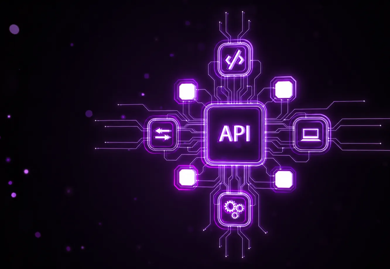 Diagrama de uma API central conectada a integrações de código, transferência, dispositivos e automações