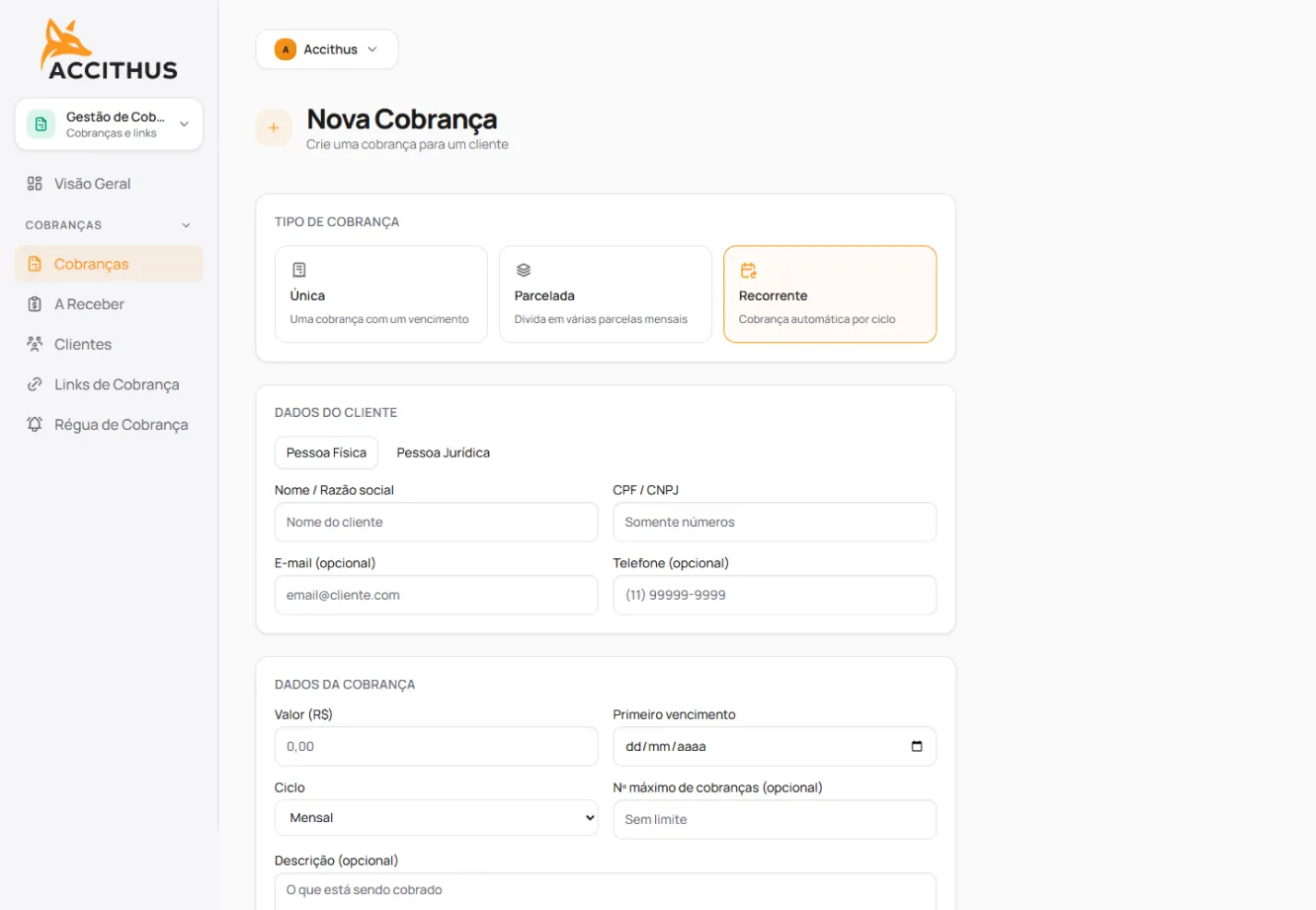 Tela de criação de nova cobrança recorrente no painel da SoarLabz, com opções de cobrança única, parcelada e recorrente