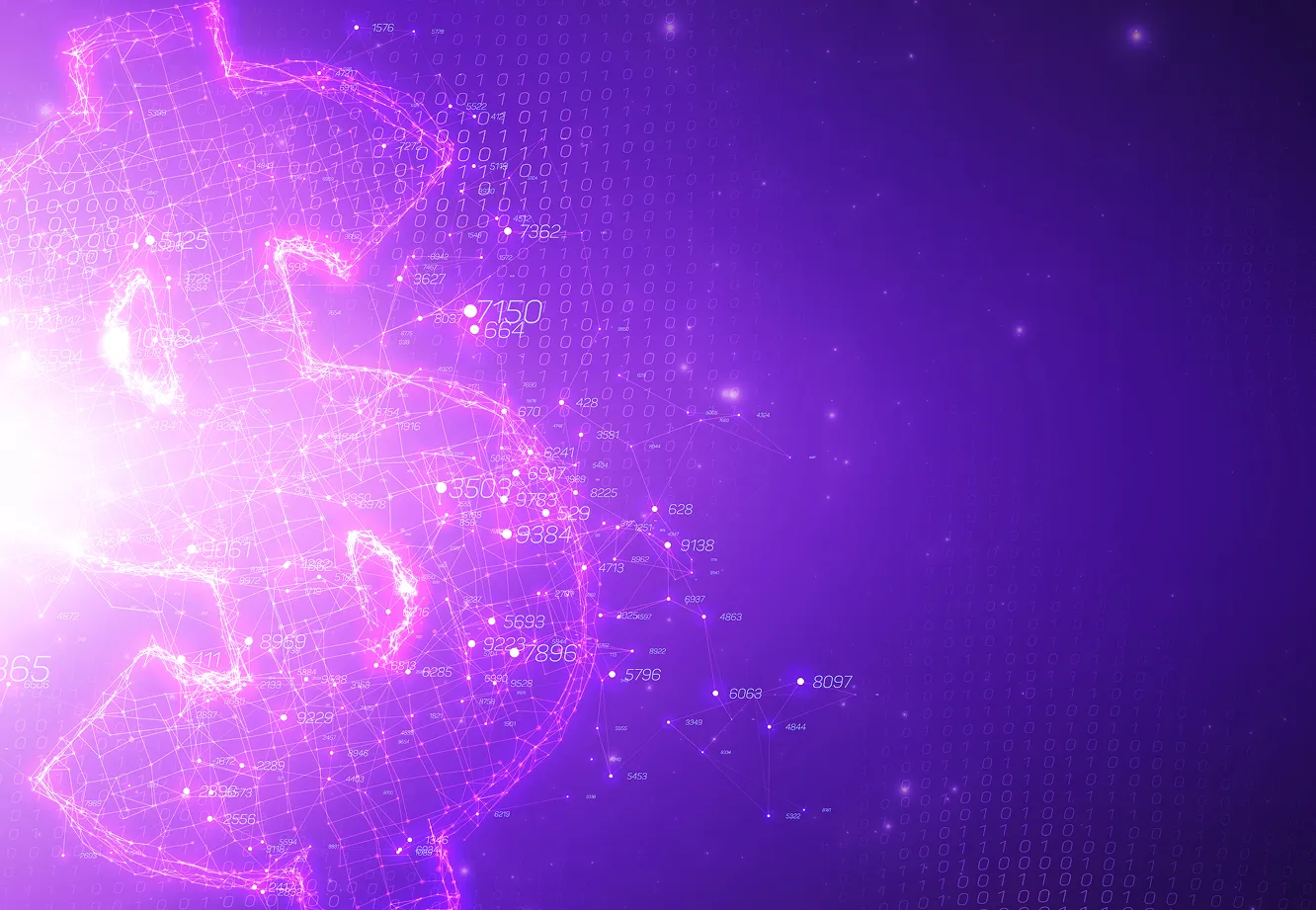 Ilustração abstrata em tons de roxo representando uma rede de dados conectados