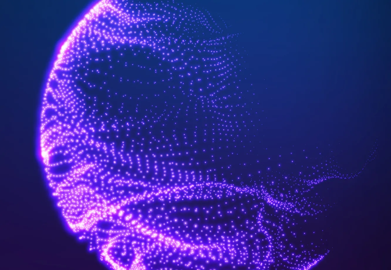 Ilustração abstrata de uma rede de pontos luminosos em tons de roxo e azul formando uma esfera de dados